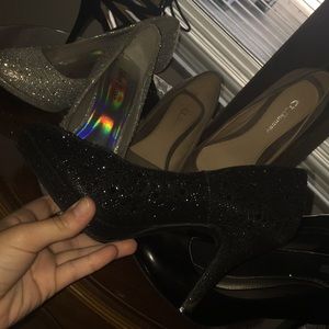 Silver slipper black satin heels
